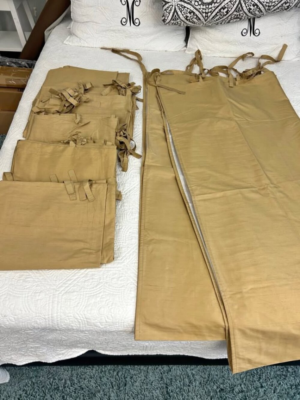 2 Pottery Barn Gold 50W x 108L 100% Dupioni Silk Tie-Top Lined Drapery Panels